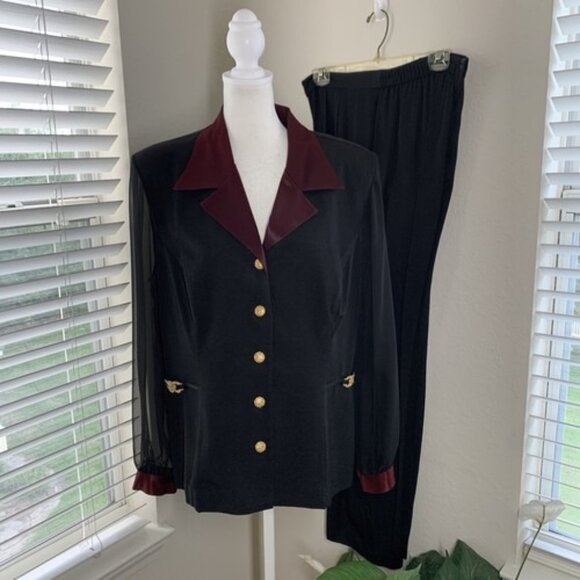 Vintage R&M Richards By Karen Kwong Pant Suit Size 16 Black w\ Maroon Satin Trim - Picture 1 of 16